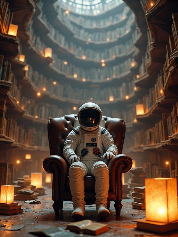 An astronaut sits in an antique leather armchair surrounded by floating books in the middle of a vast library. Paper lanterns float around, casting warm light. A huge library with twisting staircases is in the background. Particles resemble stardust.