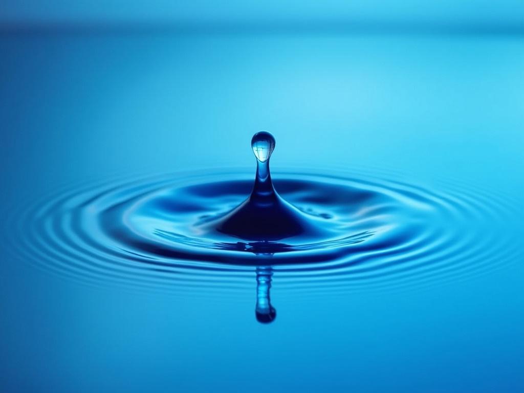 A droplet of water has just touched the surface of the water and is now jumping back up. This moment creates circular waves radiating outward across the water's surface. The water is a rich blue color, enhancing the visual appeal of the scene. The droplet above reflects light beautifully, showing a small dome-like shape. The background features softer shades of blue, providing a serene atmosphere.