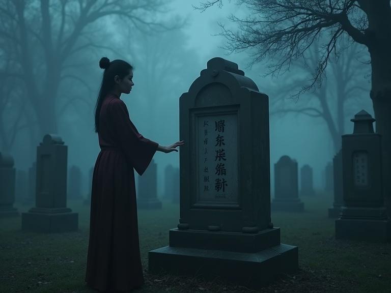 A beautiful woman in a graveyard at midnight. Her hand on an ancient stone crypt. Fog surrounds fractured gravestones. Lighting is cinematic and dramatic. The scene feels mysterious and eerie.