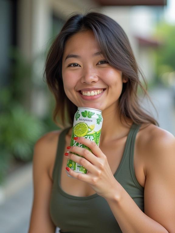 A smiling woman with long brown hair holding a can of beverage. She has a healthy appearance and is outdoors. The setting is urban and bright. The woman is dressed in a tank top. She looks happy and casual while enjoying a drink. The can features branding related to health and wellness.