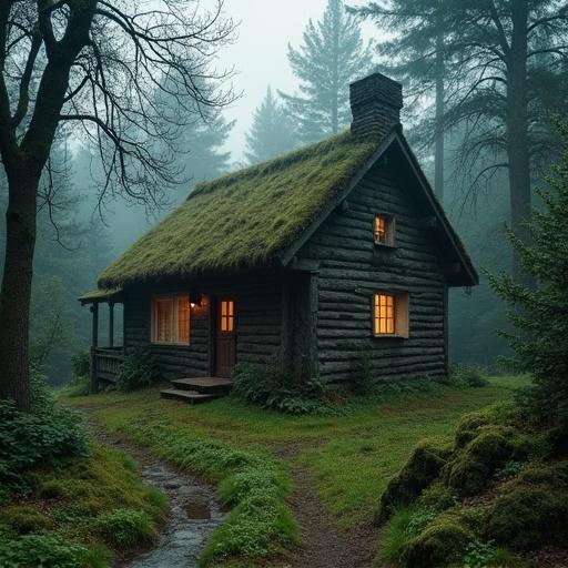 A cottage in a misty forest with a thatched roof. The cabin has glowing windows. Surrounded by trees and a winding path leading to it. The atmosphere feels magical and eerie.