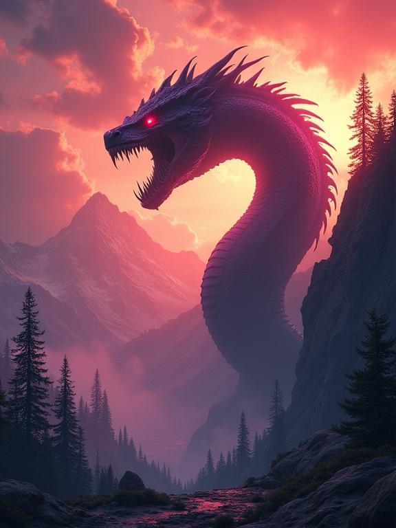 Colossal serpentine creature towers over mountain landscape. Glowing red eyes and fanged mouth. Dark purple hues dominate the body. Rugged forest surrounds the terrain. Fiery sunset sky with orange and red hues. Dramatic volumetric lighting casts a powerful rim light. Overall atmosphere reflects power and awe. Photorealistic and ultra-detailed.