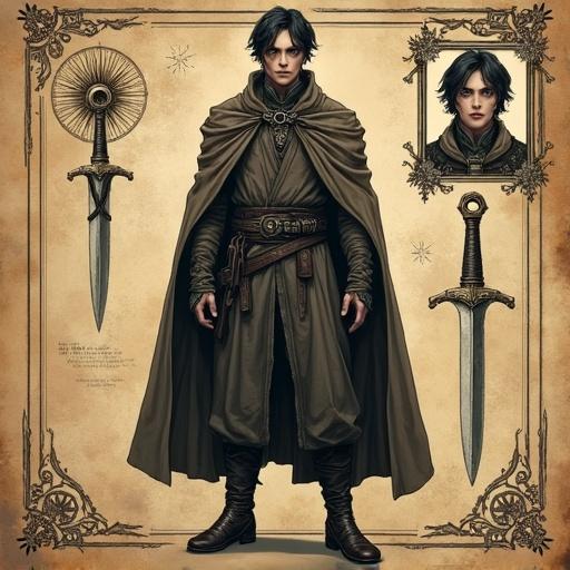 Full-body portrait of a half-elf male investigator. Dark fantasy style. Standing confidently. Short pointed ears. Piercing gray-green eyes. Medium-length dark hair. Sturdy travel cloak with investigator's insignia. Layered practical clothes. Leather boots. Short sword and dagger on his belt. Background like ancient parchment filled with arcane symbols and military insignias. Ink-drawn bust portrait in the corner with a pokerface expression. Highly detailed, hand-drawn ink style with medieval fantasy tone.