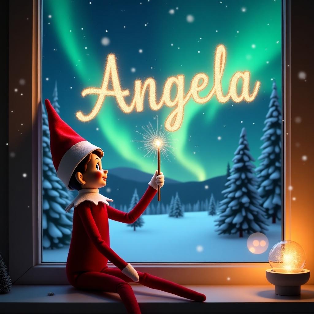 In an enchanting scene, an Elf on the Shelf is seated by a window, gazing out into a beautiful winter night. The elf has a joyful smile while holding a wand that creates magical sparkles illuminating the night sky. The name 'Angela' is beautifully displayed in elegant, sparkling letters against the northern lights backdrop. Outside, a snowy landscape is visible with pine trees enchanting under the magnificent aurora borealis. The warm glow from the window contributes to the cozy and inviting atmosphere of this magical winter evening.