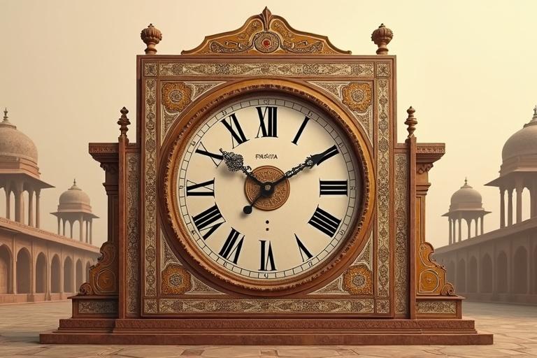 Mughal-era ornate clock design features marble inlay and gold leaf details. The clock is set against a faded silhouette of Jantar Mantar. Sepia tones with saffron accents create a historical texture. The style is photorealistic with neutral tones.