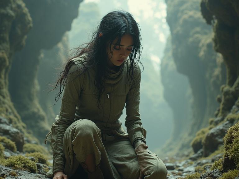 Disappointed young woman in a fantastical environment. Surrounded by intricate textures and sharp, futuristic elements. A blend of dreamlike and sci-fi aesthetics.
