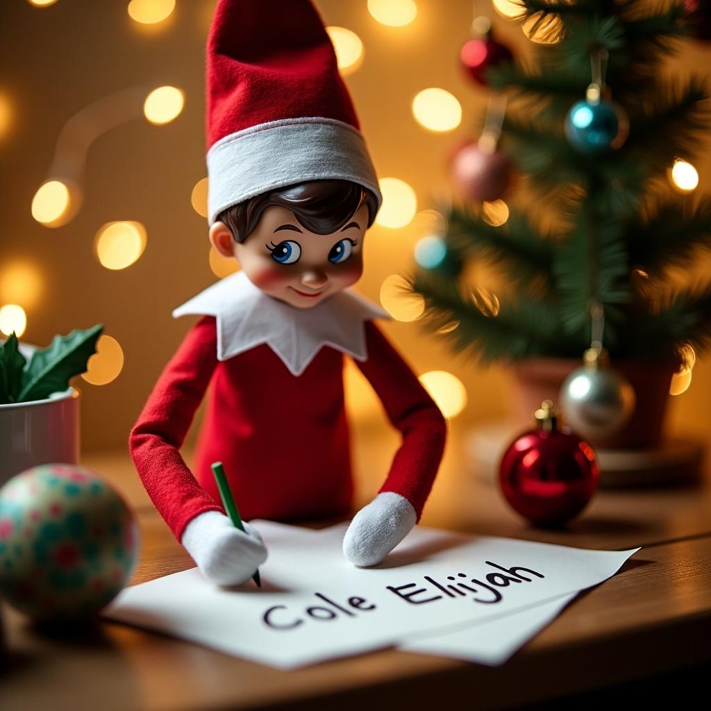 The image captures a festive scene featuring an Elf on the Shelf character. This cheerful brown elf is dressed in red and white, deeply engaged in writing names on a piece of paper. The name being written is Cole and Elijah. Surrounding the elf are holiday decorations, including a small Christmas tree and colorful ornaments. The scene is illuminated with warm lights, evoking a cozy, joyful holiday ambiance. It's an enchanting representation of holiday cheer and anticipation related to Christmas traditions. This image beautifully illustrates the interactive spirit of the Elf on the Shelf concept during the holiday season.