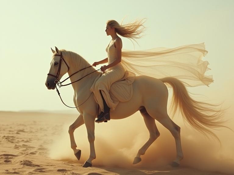 Double exposure of a woman resembling Lady Godiva riding a white horse in a sandy environment with flowing fabrics in the wind.