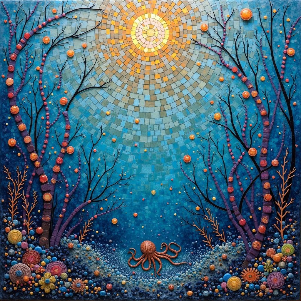3D iridescent ceramic tile and glass mosaic of a surreal underwater landscape. Features a small octopus among vibrant abstract elements. Ethereal and colorful with dark tones.