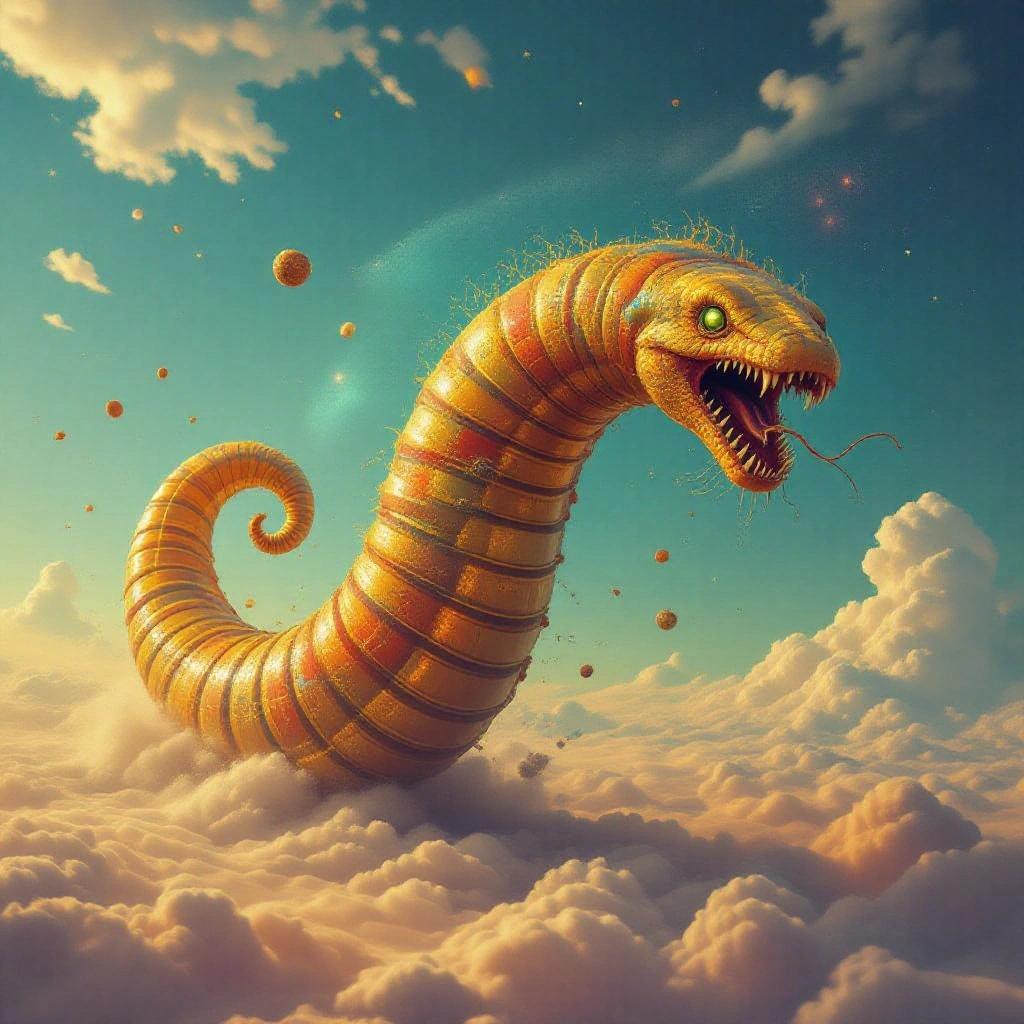 A cosmic worm in the atmosphere. It eats treasures and can see space dust. Once a giant sand worm, now magnificent.