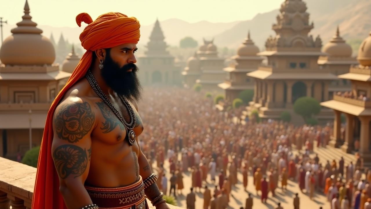 Wide shot of the kingdom of Ujjain. King Vikramaditya stands on a balcony. Muscular royal man wears traditional Indian attire. Orange turban and tattoos cover his chest and arms. Serious expression on his face. Looks into the distance. Contemplative mood.