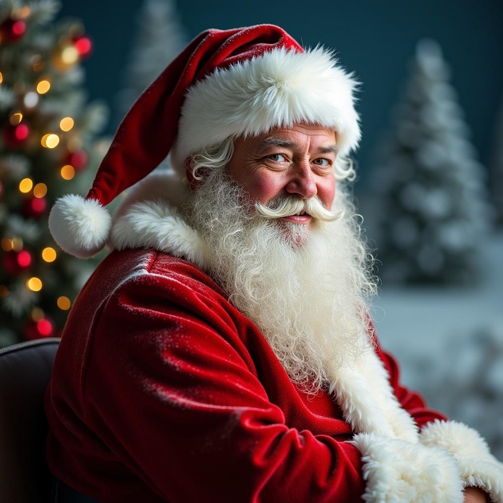 The image features Santa Claus, embodying the spirit of Christmas with a warm smile. He is adorned in a classic red suit with white fur trim. The background showcases a beautifully decorated Christmas tree, adorned with lights and ornaments. Snowy trees are visible in the backdrop, reinforcing the festive atmosphere. The warm lighting highlights the details of Santa's costume and his cheerful demeanor, inviting viewers into the holiday spirit.