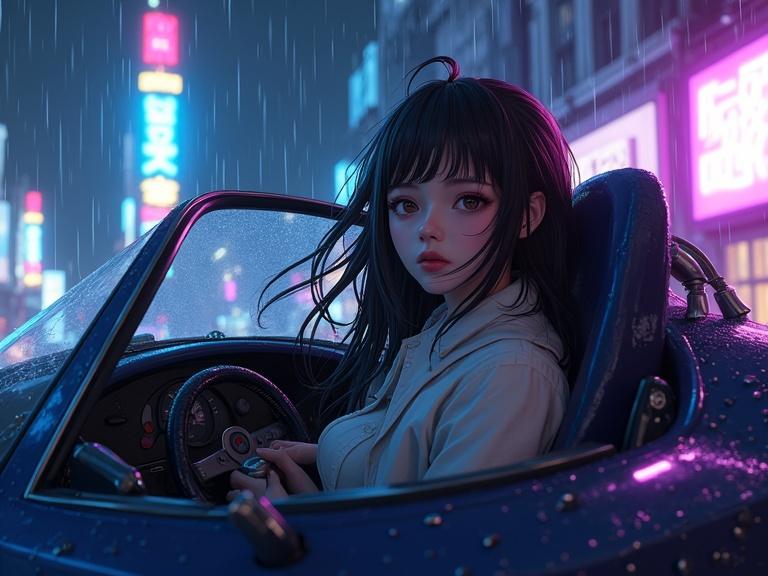 Woman in cockpit of futuristic car. Hair blown by wind. Rain falling around. Neon-lit city at night. Water drops on glass. Shadows from neon signs on face. High-contrast lighting. Dark blue and purple tones. Detailed mechanical elements in car. Anime style reminiscent of Arcane. 3D render with oil painting textures.