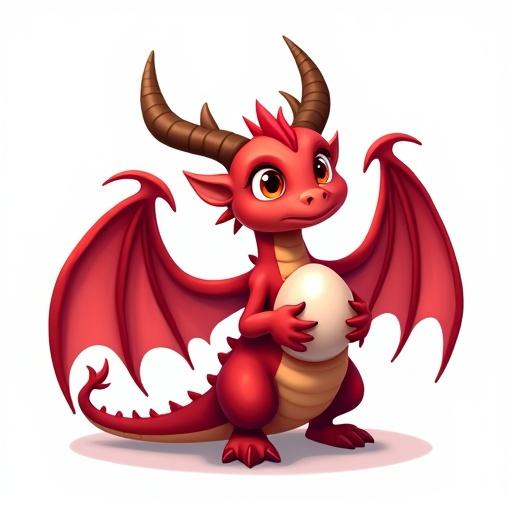 A cute red dragon with long horns and wings holding an egg. The character has a playful expression and is designed in a cartoon style suitable for ARPG games. The background is transparent.
