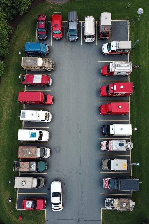 Aerial view highlights a trapezium parking lot filled with food trucks parked in defined spots.