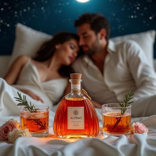 A luxurious scene featuring a man and a woman in a cozy embrace on white velvet bedding. They lie on a moonlit silk blanket under a starry sky. In the foreground, an apothecary-style bottle labeled 'ALFRUNO' glows golden-reddish with a cork lid. Two cocktail glasses filled with the same liquid are placed beside the bottle. Natural elements like roses and rosemary enhance the composition.