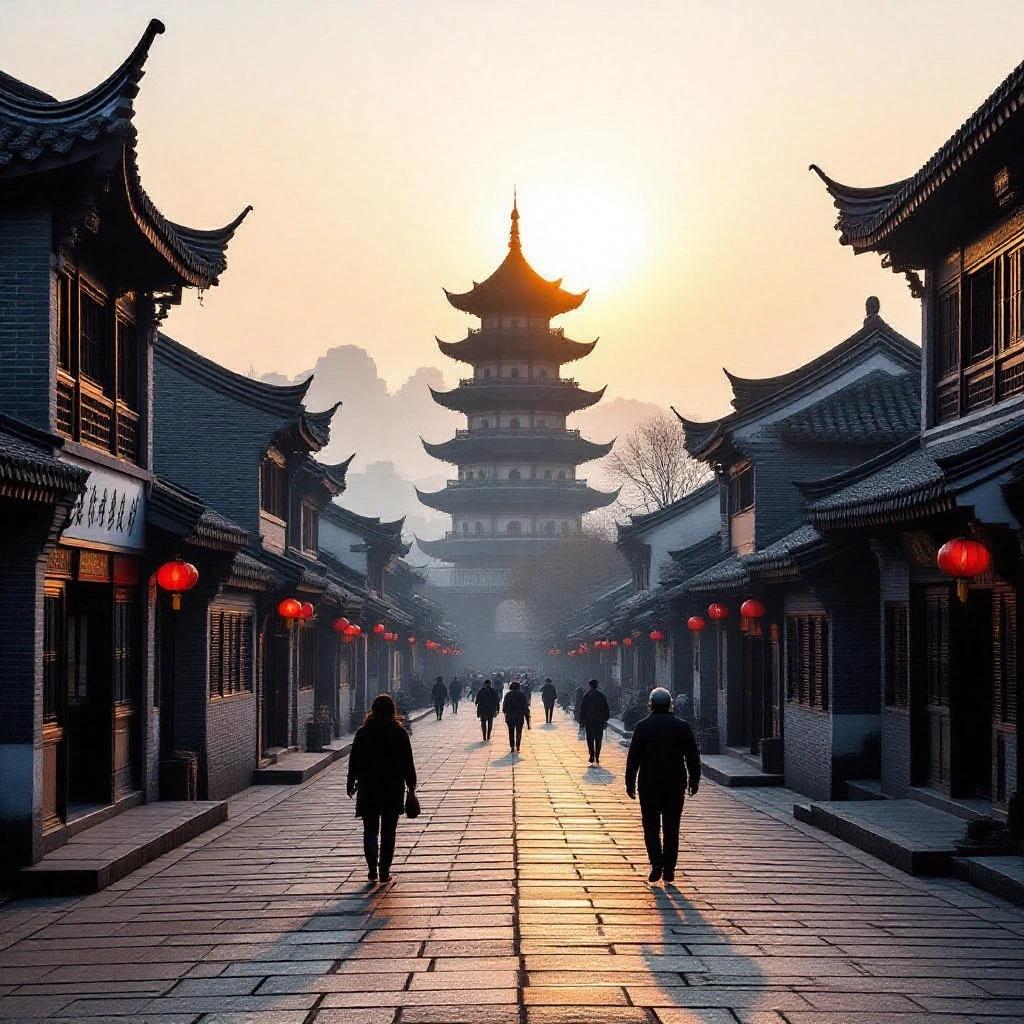 Long exposure photograph taken at sunrise on a stone-paved street. Traditional Chinese-style buildings with dark roofs and aged walls line both sides. A tall pagoda rises in the background, silhouetted against the sky. People walk along the street.
