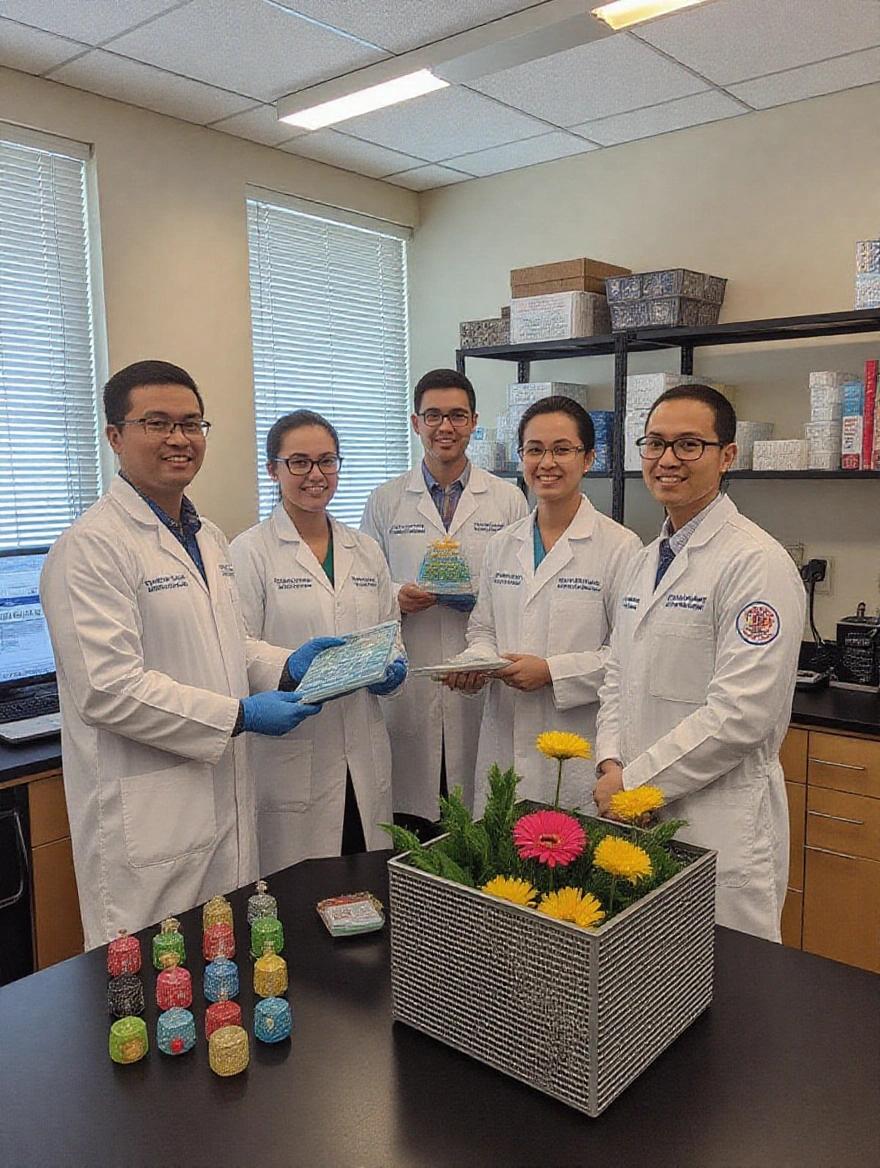 Group of laboratory professionals in a bright clinic setting. They are displaying colorful lab items. They wear white lab coats and gloves. The atmosphere is professional and cheerful.