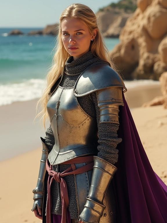 Medieval woman stands on Mediterranean beach. She wears full armor. Chainmail under plate armor. Long blonde hair falls over her shoulders. Tyrian purple cloak drapes elegantly. Her shoes touch the sand gently. Beach waves in background.