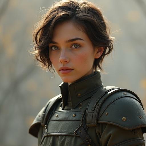 Young female soldier exudes grace and elegance. Has standard build with larger bust. Fair skin smooth like porcelain. Short brown hair styled neatly. Large, gentle eyes convey warmth and kindness. Calm and observant expression. Wearing practical yet elegant military uniform designed for mobility. Presence is reassuring yet commanding respect.