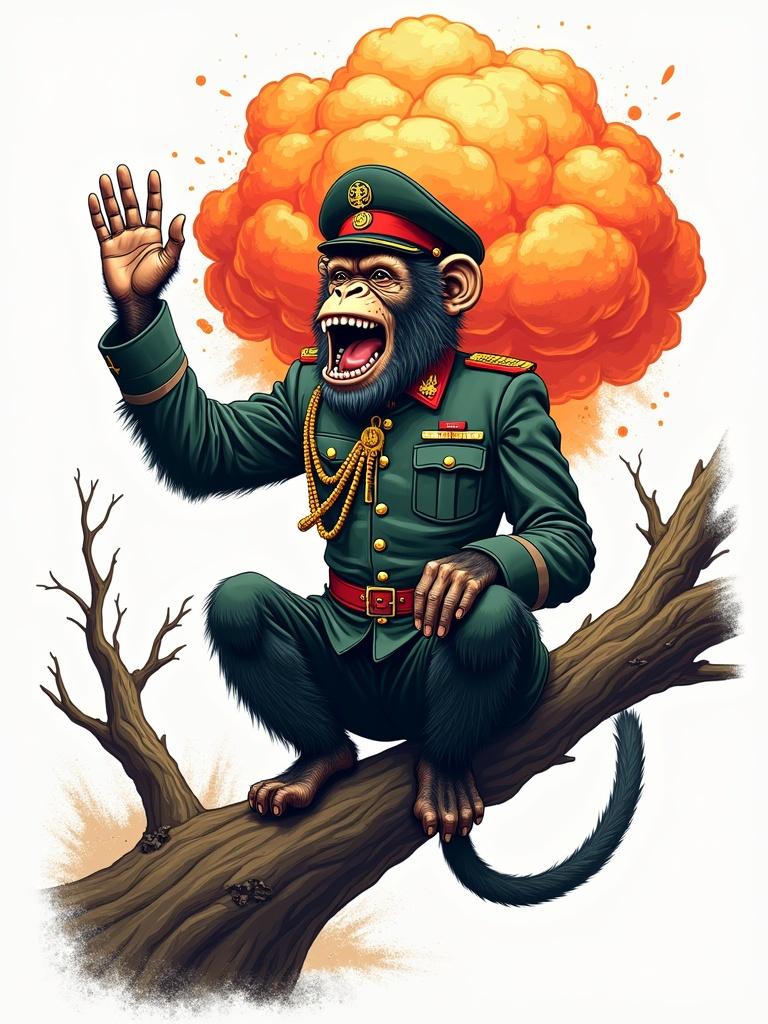 Humanoid happy monkey general in uniform. Monkey sitting on tree. Monkey shows hand. Background features atomic explosion. Vector t-shirt design with surreal elements. Bright colors and detailed illustration.