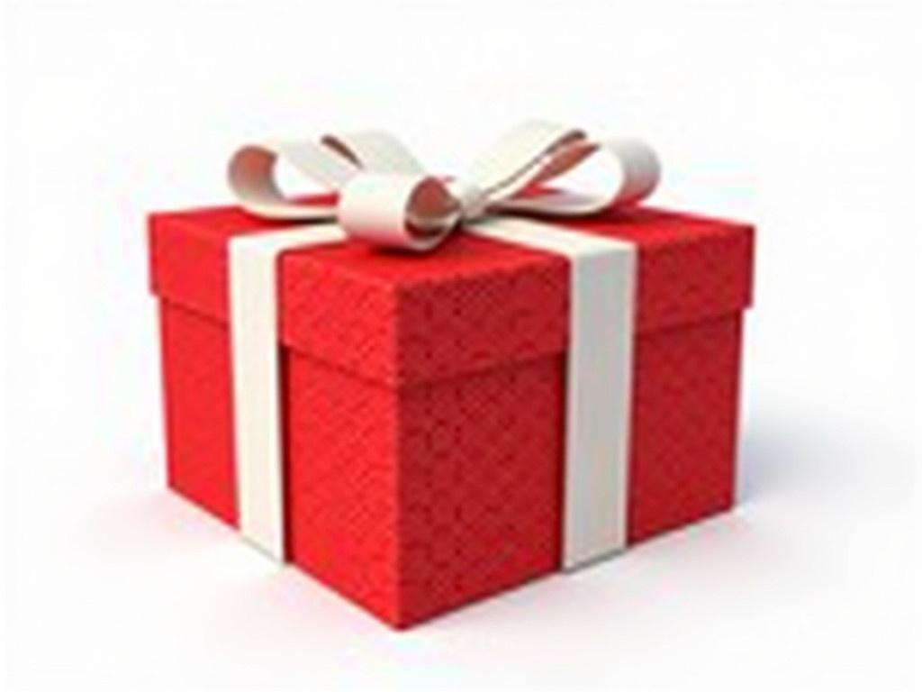 A beautifully wrapped gift box with a vibrant red color. The box is adorned with a sharp and elegant white ribbon, perfectly tied into a neat bow on top. The surface of the box is textured, adding depth and interest to its appearance. The gift is shown at a high resolution, showcasing every detail of the ribbon and the box itself. It sits on a plain white background that enhances its bright colors and makes the gift the focal point of the image.