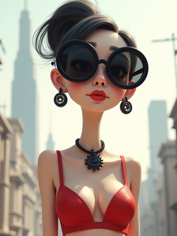 Cartoon woman with minimal features. Wearing black sunglasses and gear necklace. Dressed in red lingerie. Soft-focus steampunk cityscape background. Dreamy atmosphere with tonal contrasts. High elegance style.