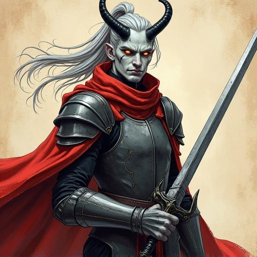 Tall male tiefling paladin with ash-gray skin glowing amber eyes and long silver hair tied in a ponytail. Black crown-like horns scars on cheekbones. Matte plate armor with infernal etchings crimson flowing cloak duelist stance holding longsword. Illustration with colored pencil and marker hand-drawn textures visible pencil lines shading stylized depth semi-isometric look cel shading parchment background Klasu x Arcane x Studio Ghibli.