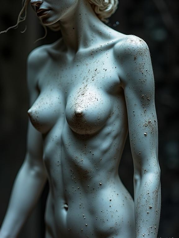 Close-up of a nude statue with a silver bioluminescent effect. Artistic details include scratches, drops, and tears on the surface. Mixed media displays the textures. Digital art emphasizes the intimate features.
