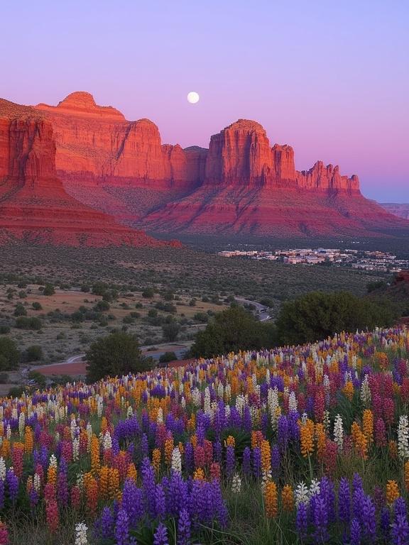 A stunning desert landscape featuring majestic Red Rock Mountains in the background. A vibrant wildflower meadow expands in the foreground, filled with a variety of colorful flowers. The moon appears full in the twilight sky above the mountains. The valley below shows hints of a small town, surrounded by greenery. The composition highlights the contrast between rugged rock formations and delicate blooming flowers.