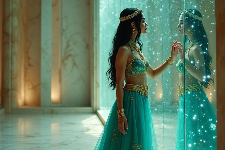 Elegant princess in turquoise Arabian outfit reaches out to touch a glowing mirror. The mirror reflects a dreamlike version of the temple. Princess displays awe and curiosity. Magical ambiance surrounds the scene.