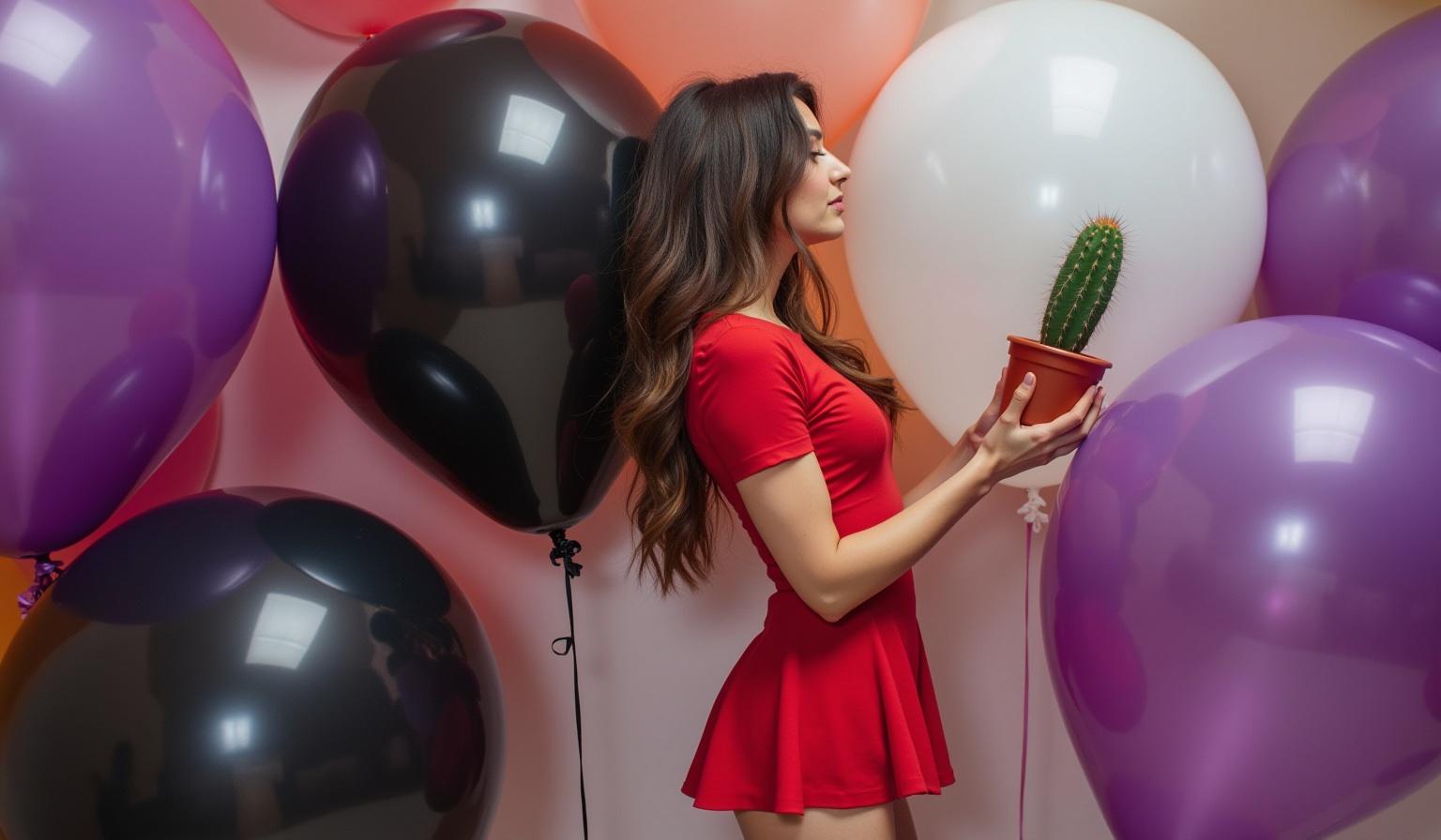 Brunette woman in a red mini skirt stands near giant colorful balloons. She holds a small potted cactus aiming at the balloons. The scene is decorated with oversized purple, black, and white balloons. The lighting is bright and realistic. The composition is beautiful and vibrant.