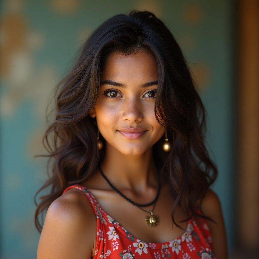 High detail image of a 20-year-old Indian girl visible from head to waist. Hyper realistic skin texture. Modern and cute appearance, dressed in a red floral top.