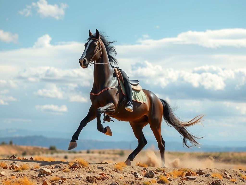 A horse with a rider gallops through a desert landscape under a partly cloudy sky.