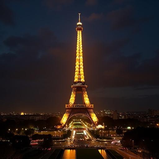 Eiffel Tower at night glows with soft golden lights. Viewed from above lights create a beating heart pattern. Long exposure captures motion blending analog romance with digital pulse.