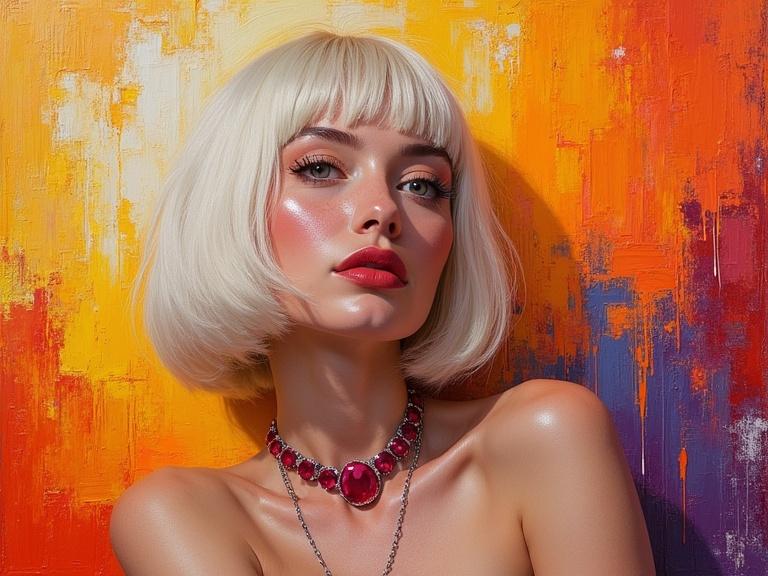 Porcelain-skinned woman with platinum blonde bob haircut. Ruby necklace around neck. Lightly freckled cheeks. Bold red lips. Gaze directed to side. Lounging pose. Background has vibrant oil painting. Use of impasto technique. Bold brushstrokes and textures. Colors include orange, yellow, purple. Golden hour light enhances colors.
