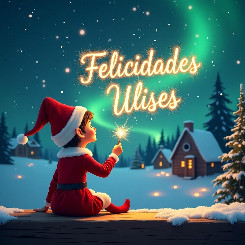 Elf sits on ledge with back to camera. Elf dressed in red with pointed hat. Elf holds sparkling wand. Elf writes 'Felicidades Ulises' in starry sky. Background has snowy landscape with houses and trees. Shimmering Northern Lights create a magical atmosphere.