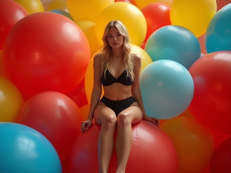 Beautiful blonde in black bikini sitting on top of giant latex balloon surrounded by many red blue yellow balloons. High detail vibrant colors realistic lighting beautiful composition.