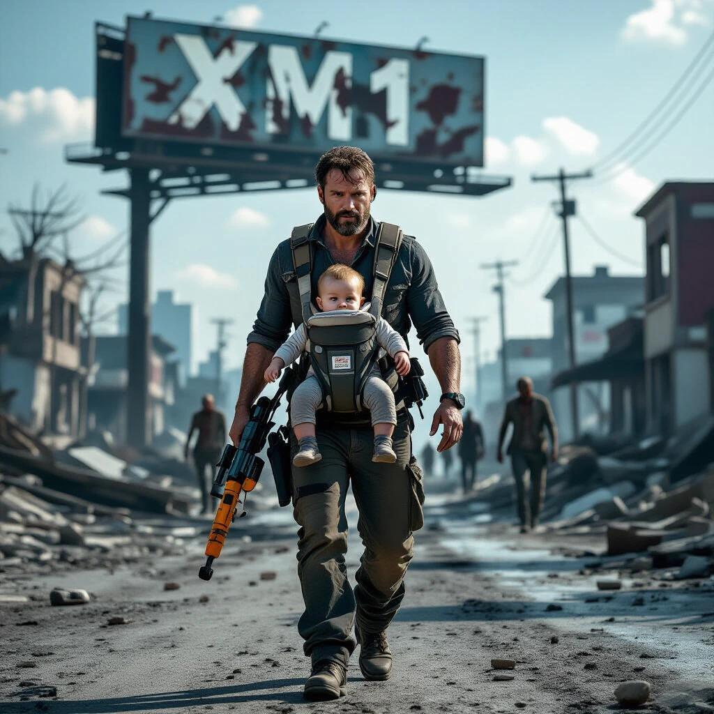Post-apocalyptic scene inspired by The Walking Dead. A determined father walks through a ruined city. He wears a baby carrier and holds a toy weapon. Zombies appear in the distance. A broken billboard shows faded letters ‘XM1’. The lighting is cinematic. The mood is chaotic but slightly humorous.