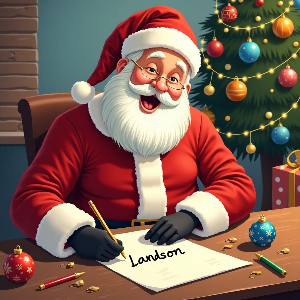 The image features Santa Claus dressed in his traditional red suit with white trim. He is seated at a table, joyfully drawing names on a piece of paper, which is addressed to 'Landon.' Christmas ornaments are scattered around him, adding to the festive spirit. In the background, a Christmas tree adorned with colorful baubles is visible. The scene exudes a warm and cheerful holiday atmosphere, ideal for Christmas celebrations. This illustration captures the magic of Santa preparing for the gifting season.