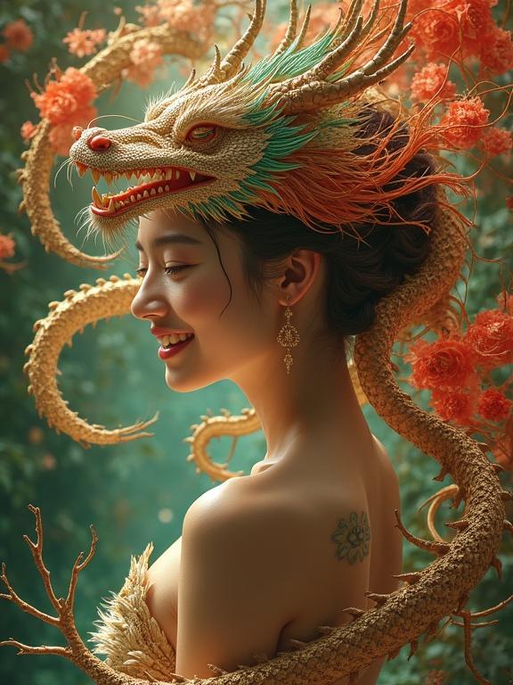 High quality 8K Art Nouveau digital photo of a smiling naked woman with a dragon headpiece and intricate mythical patterns.