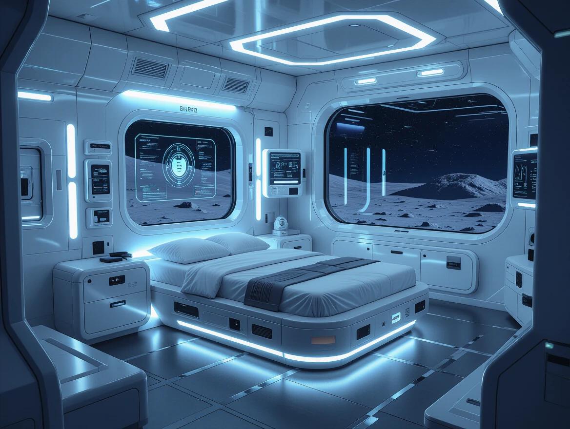 Futuristic living quarters inside lunar research base compact ergonomic design smooth white metallic gray surfaces soft ambient lighting cool tones floating bed magnetic restraints transparent smart window holographic assistant display wall-mounted control panels integrated life support compartments sealed suit locker digital readouts large panoramic windows lunar landscape stars no people clean sci-fi aesthetic soft shadows