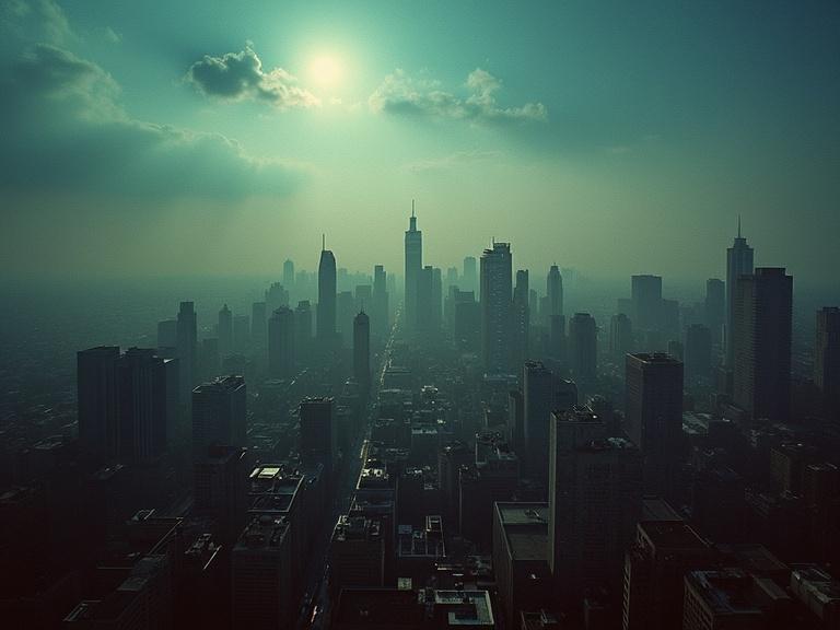 Aerial shot of a city with a cathode ray tube filter effect. The image shows a distant skyline with silhouettes of skyscrapers and a hazy atmosphere. Light from the sun creates an ethereal glow over the city.