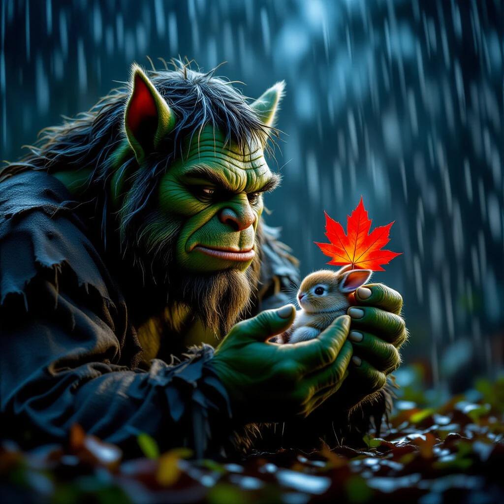 A kind-hearted ogre cradles a baby bunny in the palm while holding a red maple leaf over it in a torrential storm during the night. The scene depicts heavy rainfall with dark, vibrant colors.