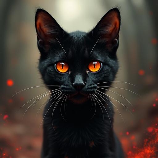 A striking portrait of a black cat with vivid orange eyes surrounded by a slightly blurred background. The focus is on the cat’s captivating gaze and sleek black fur. The ambiance is slightly eerie and mystical.