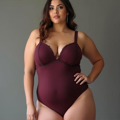 A woman showcases a maroon bodysuit emphasizing body positivity. The bodysuit fits snugly and highlights her curves. Background is neutral gray. Focus on the clothing and body shape without facial details.