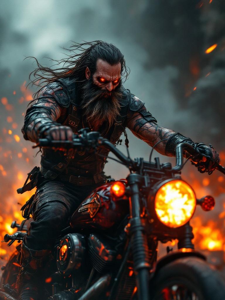 A hyper-detailed dynamic scene featuring a bearded death raider riding a Harley-Davidson motorcycle. Background filled with flames and smoke creating an intense atmosphere.