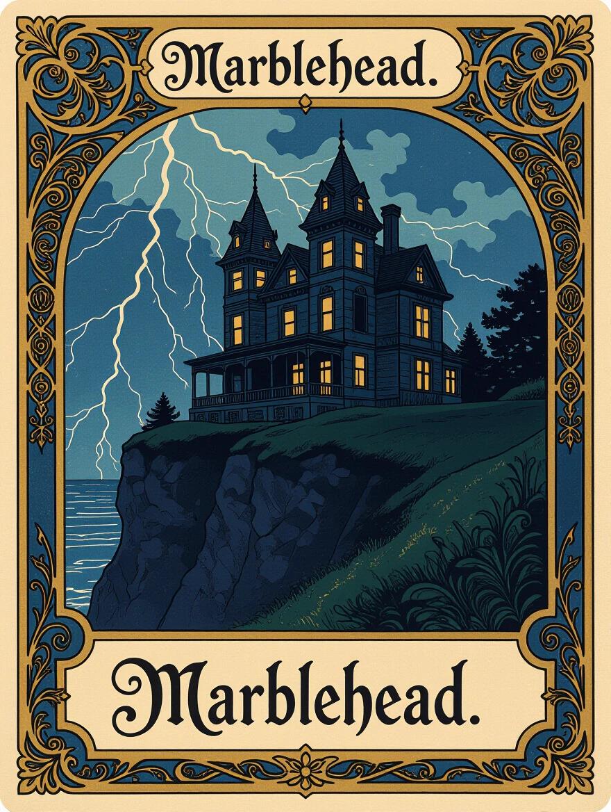 An ornate Art Nouveau style card featuring the word Marblehead. A Victorian mansion with turrets sitting on a cliff is illuminated by lightning. Dominant colors are dark blue and gold. The tone is ominous and dark.