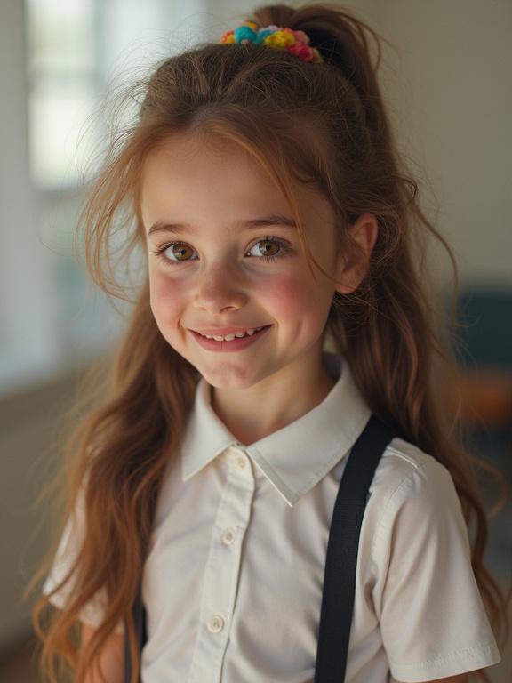 A girl with long wavy chestnut hair and a messy ponytail. She has hazel eyes and a sweet smile. She wears a white blouse as part of her high school uniform. The image shows her in a softly lit room, appearing cheerful and lively.