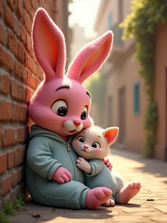A whimsical scene features a large pink rabbit holding a cute baby in a light blue romper. The rabbit has oversized ears and expressive eyes. It wears an oversized outfit and sits against a brick wall. The baby cat rests against the rabbit's arm with a subtle expression. Sunlight filters through the alley, creating warm shadows. The background is slightly blurred to focus on the characters. The art combines elements of animation with hyper-realistic textures.